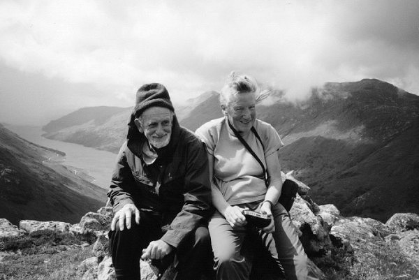 Rowland and Ann Bowker on top of Meall a'Bhainne (18B)<br />
their 1500th Marilyn, 11th July 1998