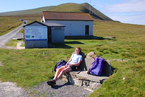 Frances Wilson relaxing in Foula airport lounge (photo: Peter Wilson)